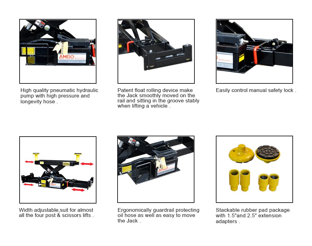 Six images showcasing the AMGO PRO-12SX + J6A 12,000 lbs 4 Post Lift by AMGO Hydraulics, highlighting its pump, folding device, safety lock, adjustable width, oil hose protection, rubber pad adapters, and impressive 12,000 lbs lifting capacity.