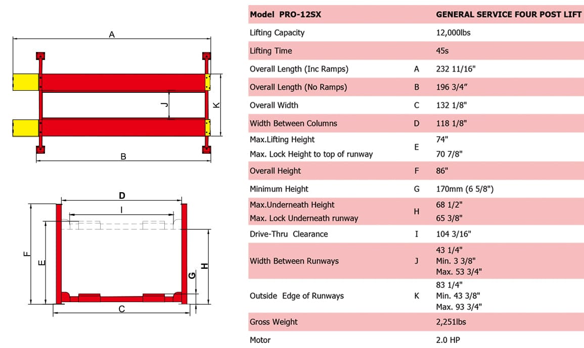 Diagram of the AMGO Hydraulics PRO-12SX + J6A 4 Post Lift with measurements and specifications detailing dimensions, capacity, including its skid-proof diamond platform and 12,000 lbs lifting capacity.