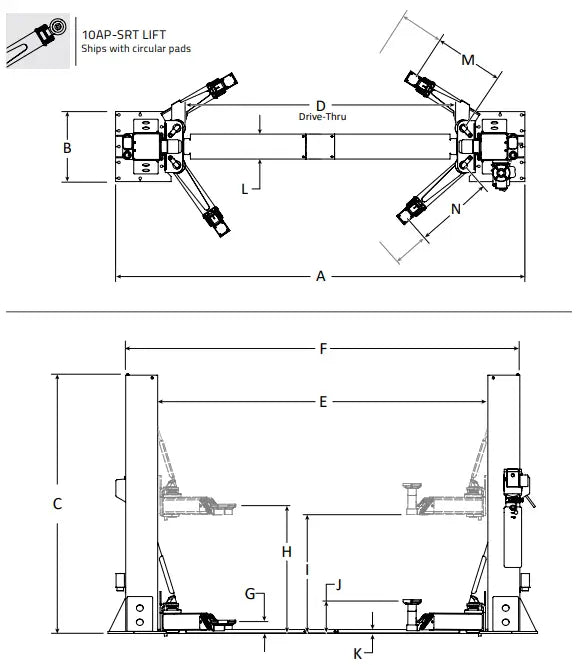BendPak 12AP-SRT 12,000lb 2 Post Lift - ALI Certified, Low Rise Diagram