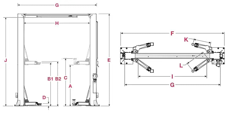 BendPak 12APX-192 12,000lb 2 Post Lift - ALI Certified, High Rise Diagram