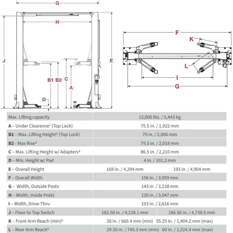BendPak 12APX 12,000lb 2 Post Lift - ALI Certified, High Rise Diagram