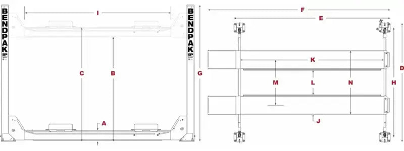 BendPak HD-14T 14,000lb 4 Post Lift - Extended Height Diagram