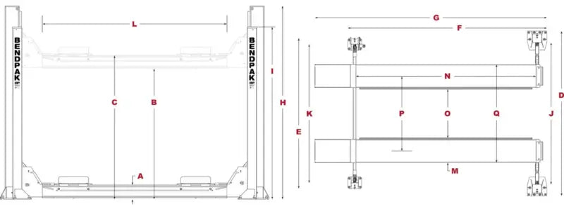 BendPak HDS014P 14,000lb 4 Post Lift Diagram