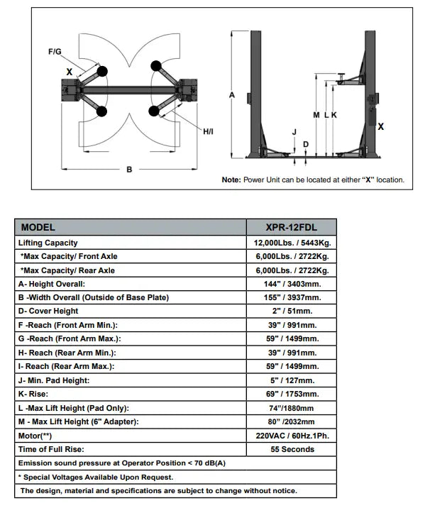 BendPak XPR-12FLD 12,000lb 2 post lift - ALI Certified, Direct Drive Diagram