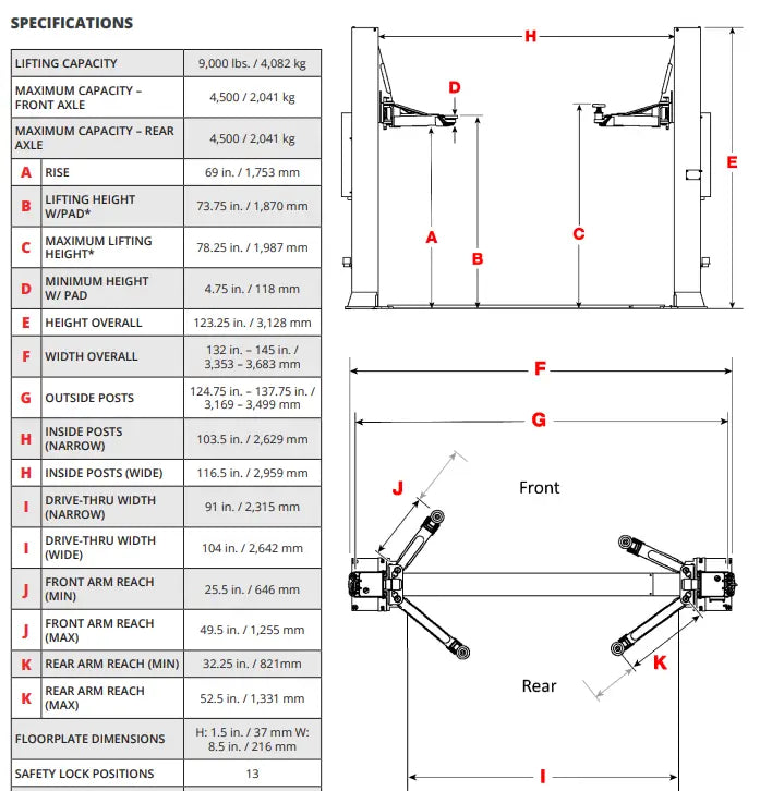 BendPak XPR-9TF 9,000lb 2 Post Car Lift Diagram