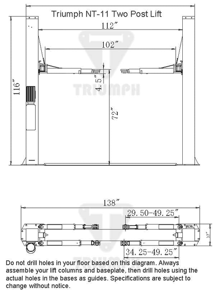 NT-11 11,000 lb Two Post Auto Lift Diagram