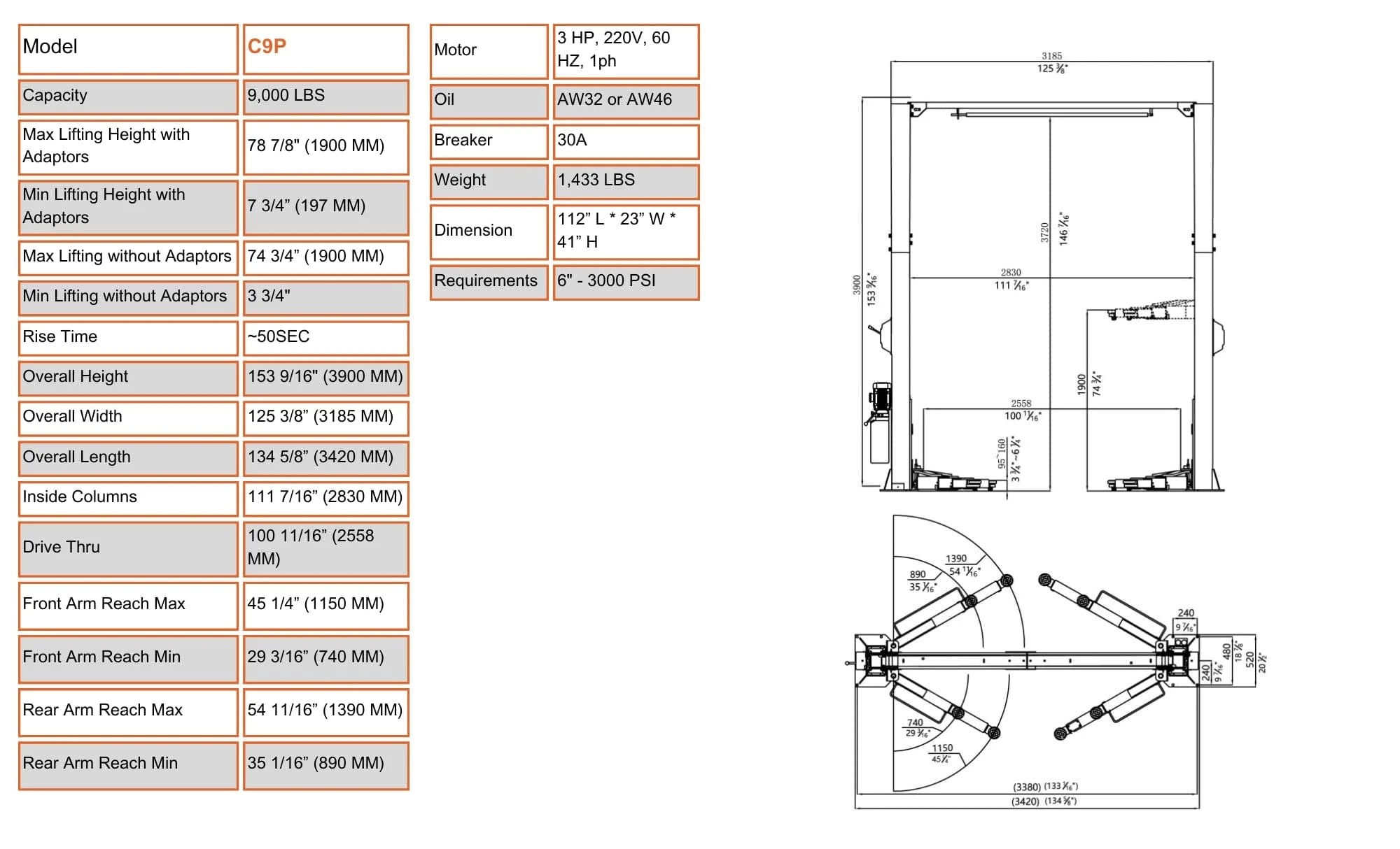 Stratus SAE-C9P 9,000 Lbs Two Post Lift Specifications