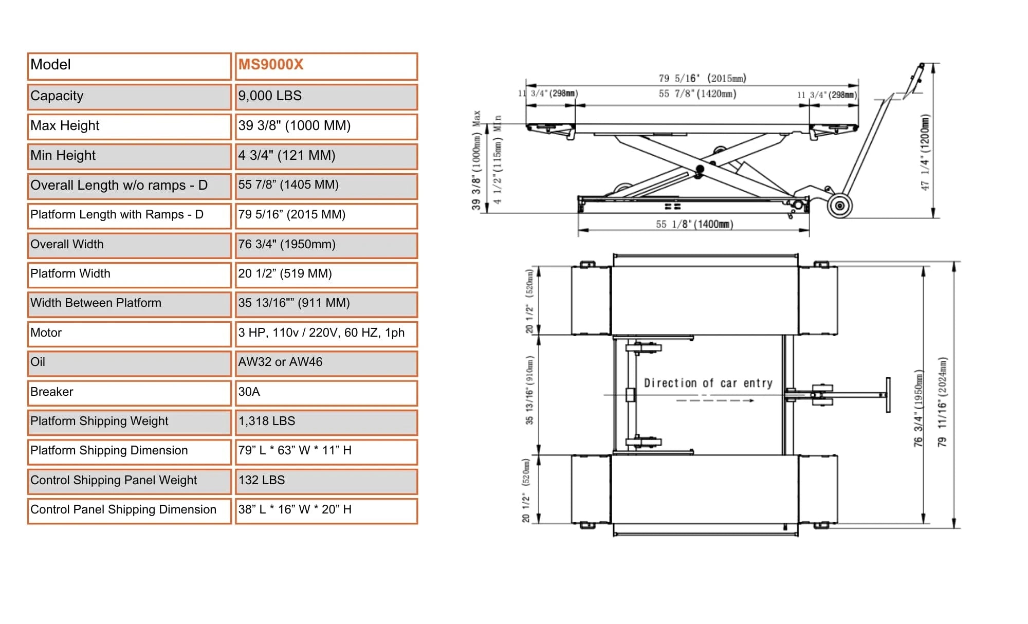 Stratus SAE-MS9000X Extra Wide Scissor Lift Specifications
